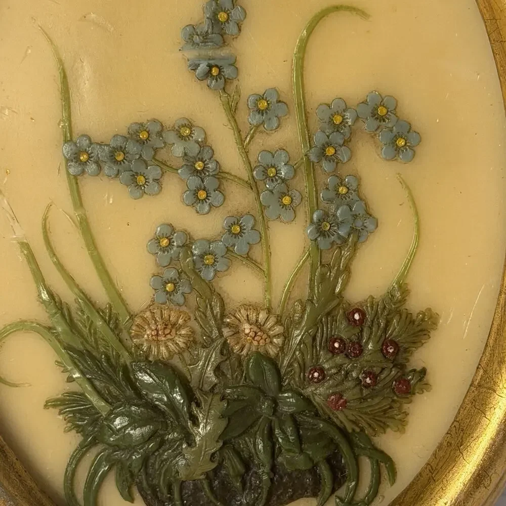 Vintage German Forget Me Not Floral Wall Plaque Oval Gold Frame 3D Relief Art